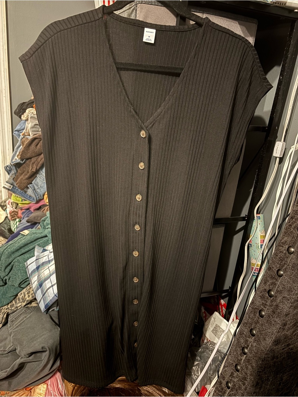 Old Navy Black Button-Front Ribbed Dress Medium